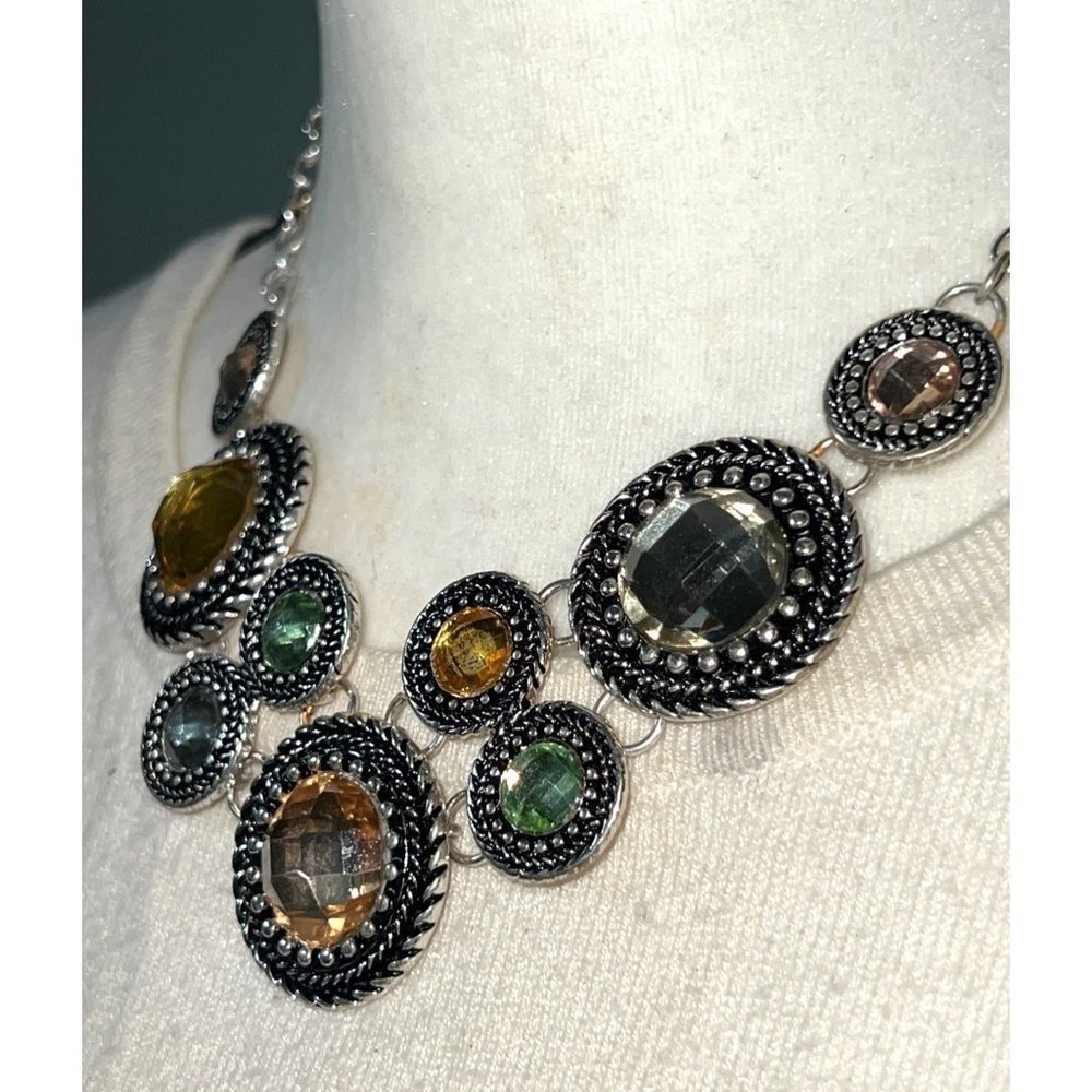 Premier Designs Chiffon Antique Silver-Plated Green Yellow Multi-Color Necklace